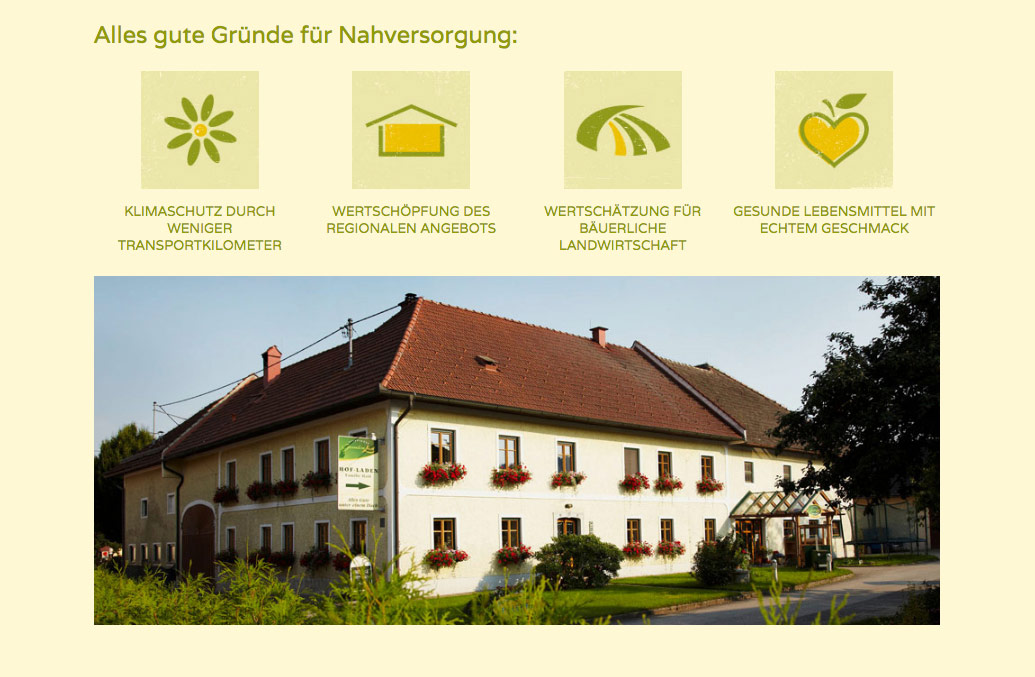 Auf der Webseite werden gute Gründe für die Nahversorgung aufgezählt, wofür Icons entwickelt wurden